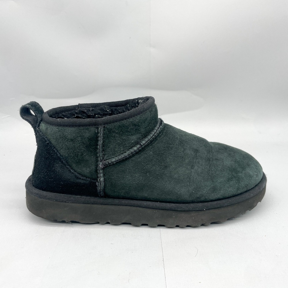 UGG Womens 9 Classic Ultra Mini Boots Shoes Black Suede Sheepskin Lined Cozy